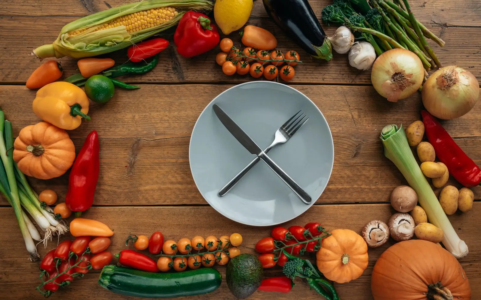 An empty grey plate with a crossed knife and fork on a wooden table, ringed by fresh vegetables