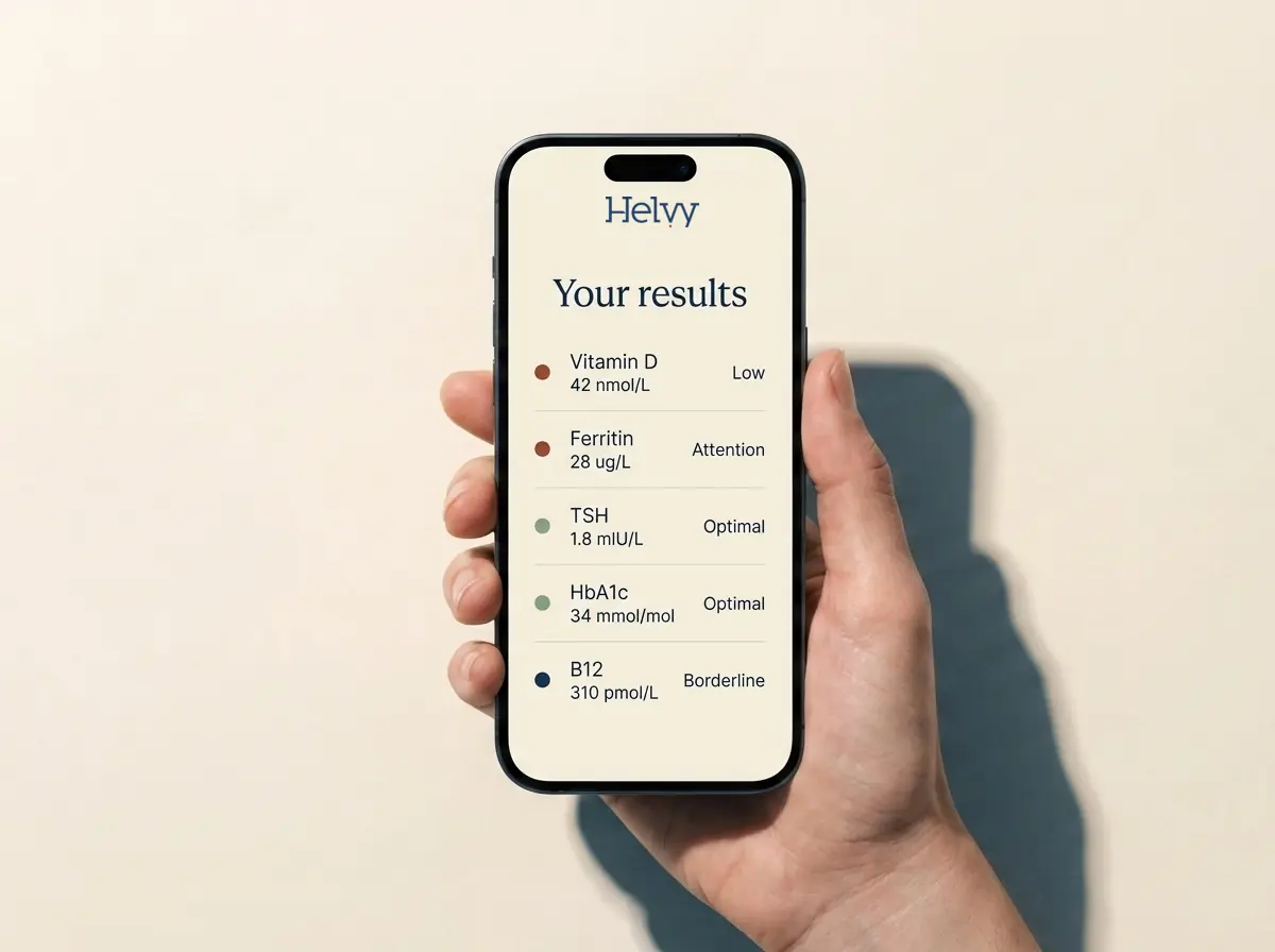 A hand holding a phone showing Helvy blood test results.