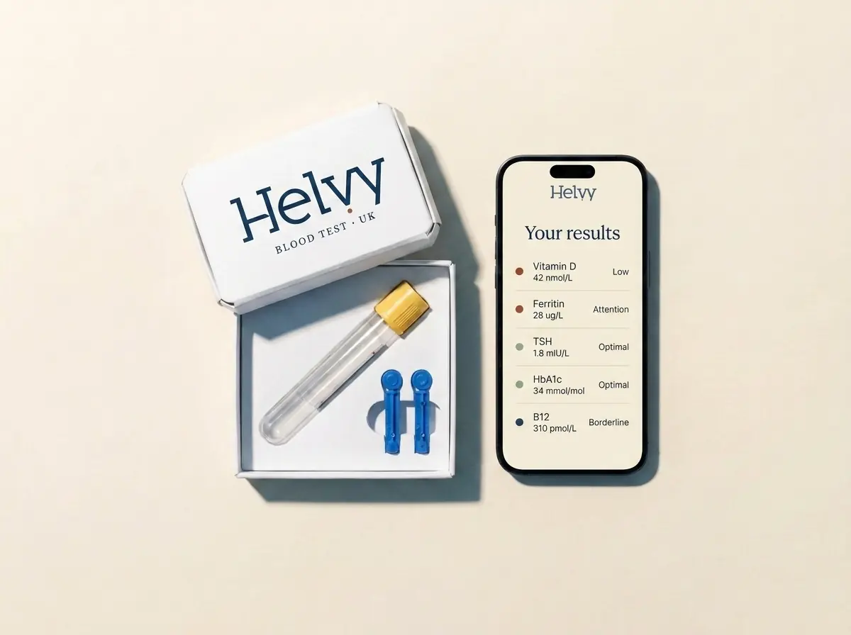 The open Helvy test kit with collection tube and lancets beside a phone showing blood test results.