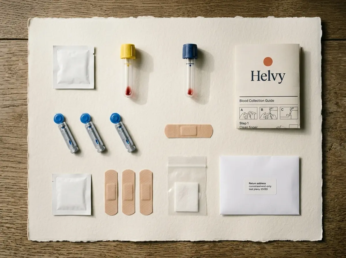 The Helvy kit contents laid out neatly: collection tube, lancets, wipes, plasters and prepaid return envelope.
