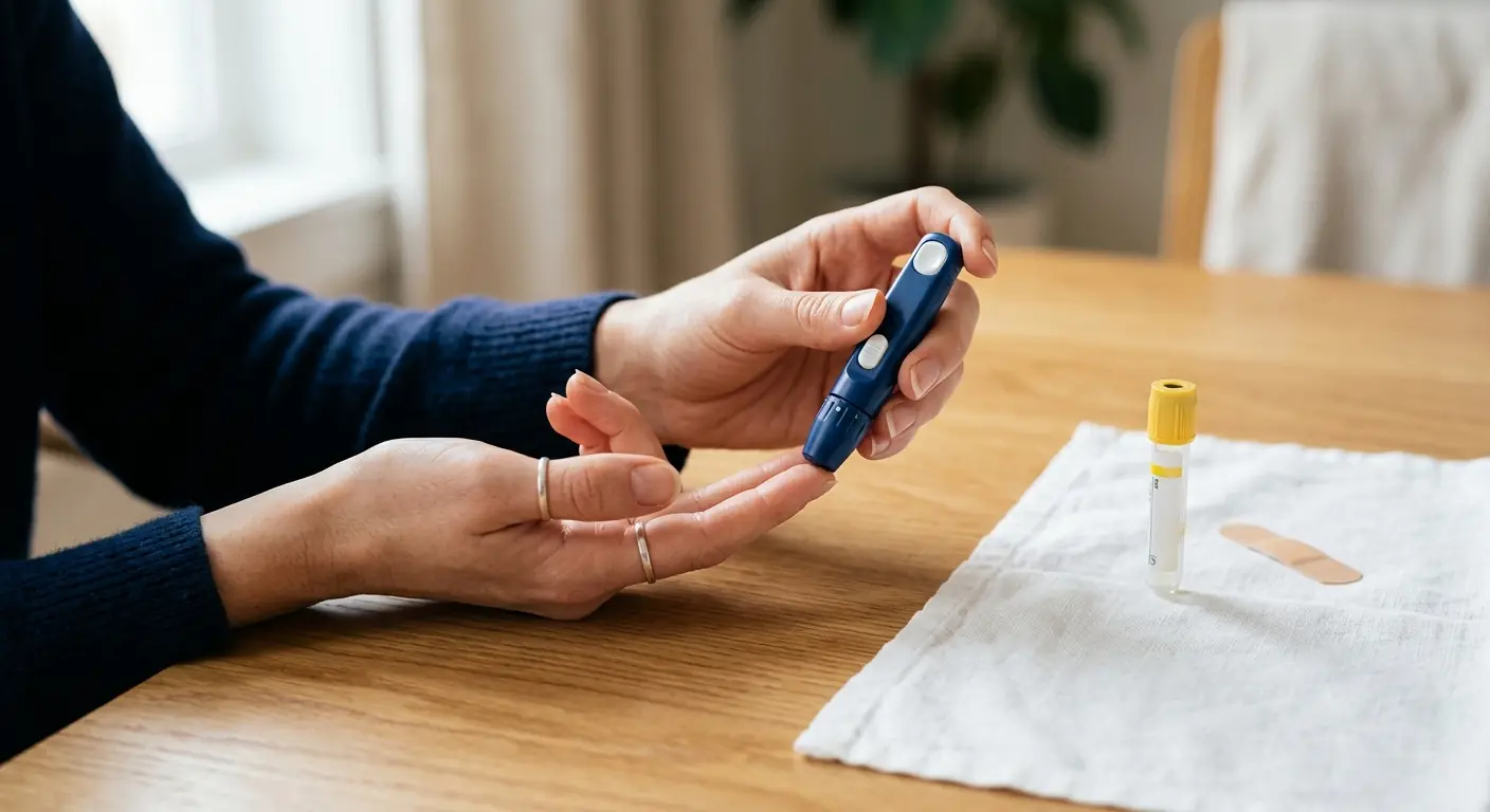 Hands using a small lancet device on a fingertip at a warm wooden table.