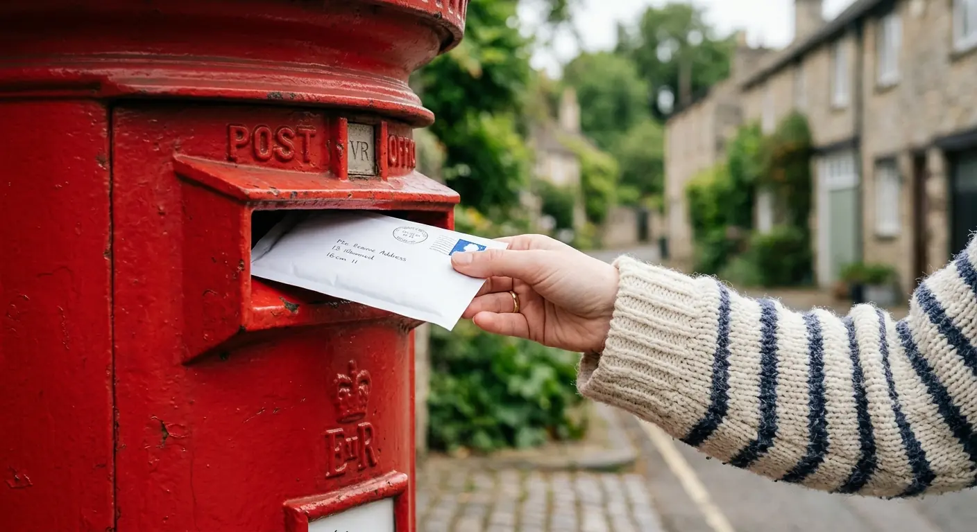 A hand posting a small white envelope into a red British postbox.